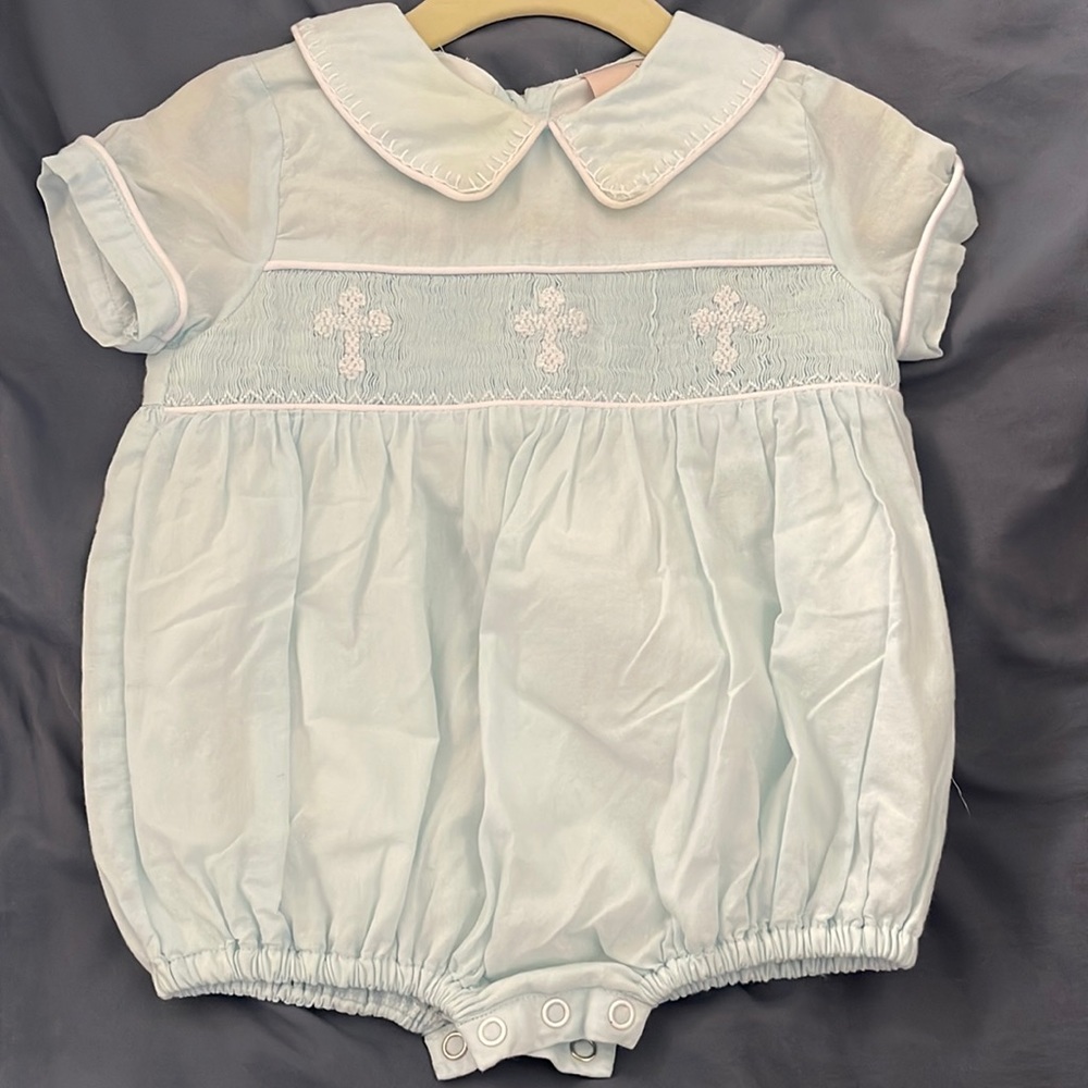 Smocking Bird Light Blue Bubble with Cross Smocking on front